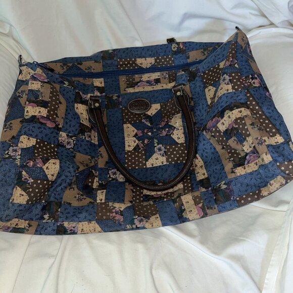 Vintage Gitano Patcheork Canvas Duffle Bag Weekender Tote Blue Brown - Picture 1 of 9